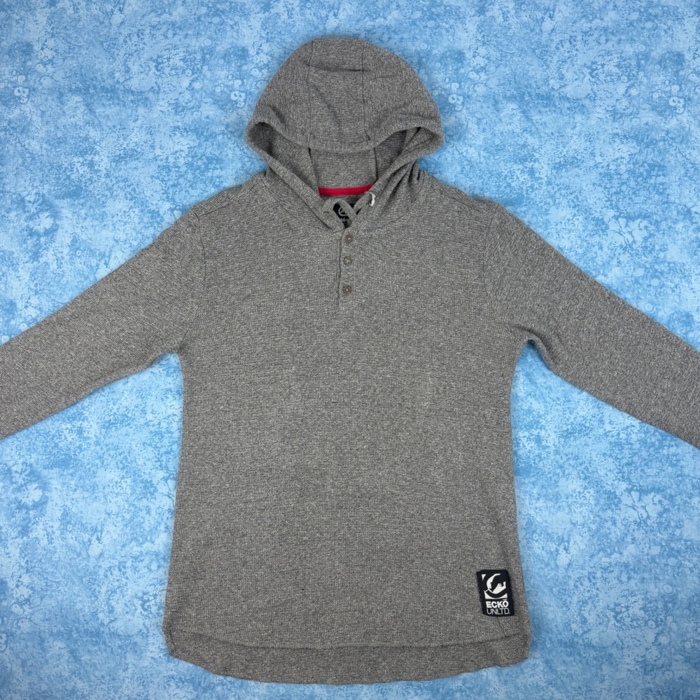 Ecko Unltd Waffle Knit Thermal Henley Hoodie Long Sleeve Shirt Men's Large Gray